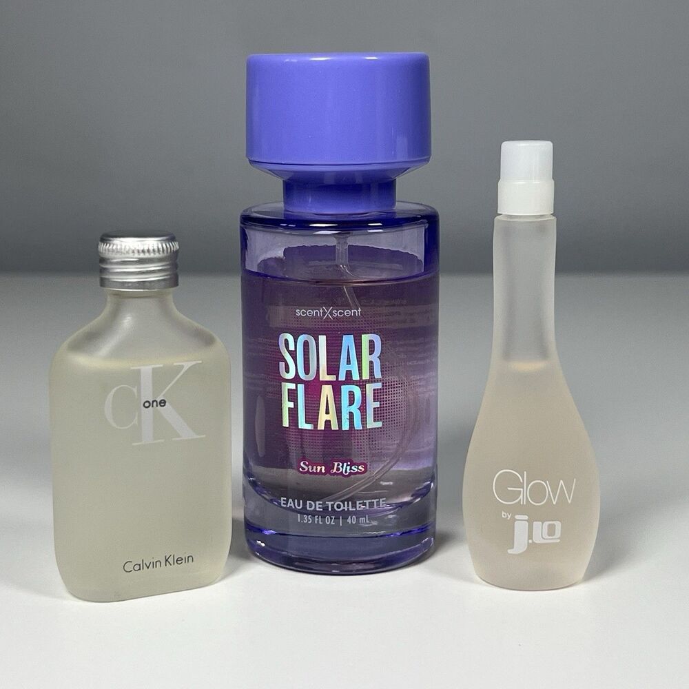 Lot of 3 Small Perfume Bottles CK One, Glow By J.Lo, And Solar Flair Sun Bliss.